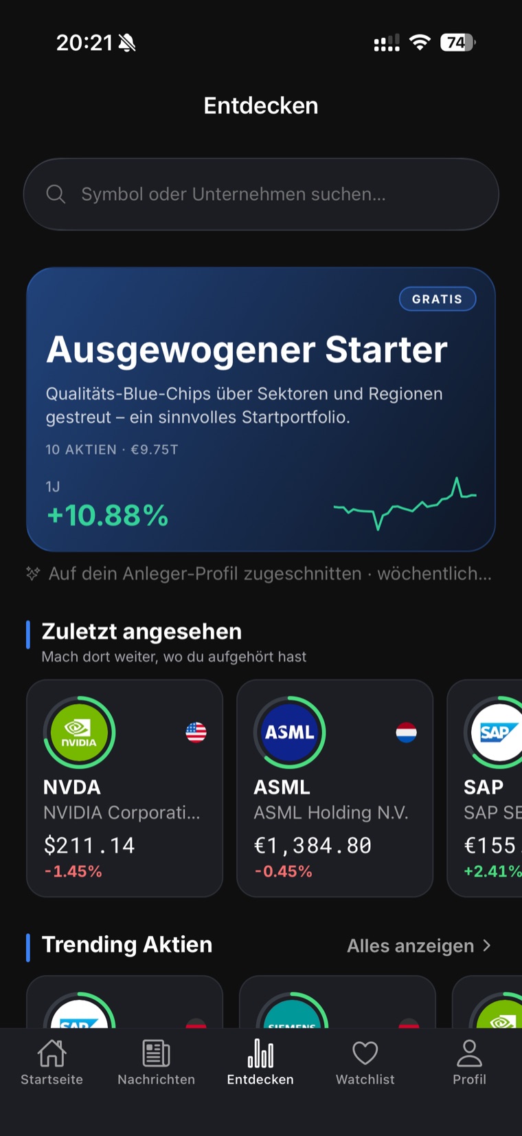 Finanzbrew Discover screen