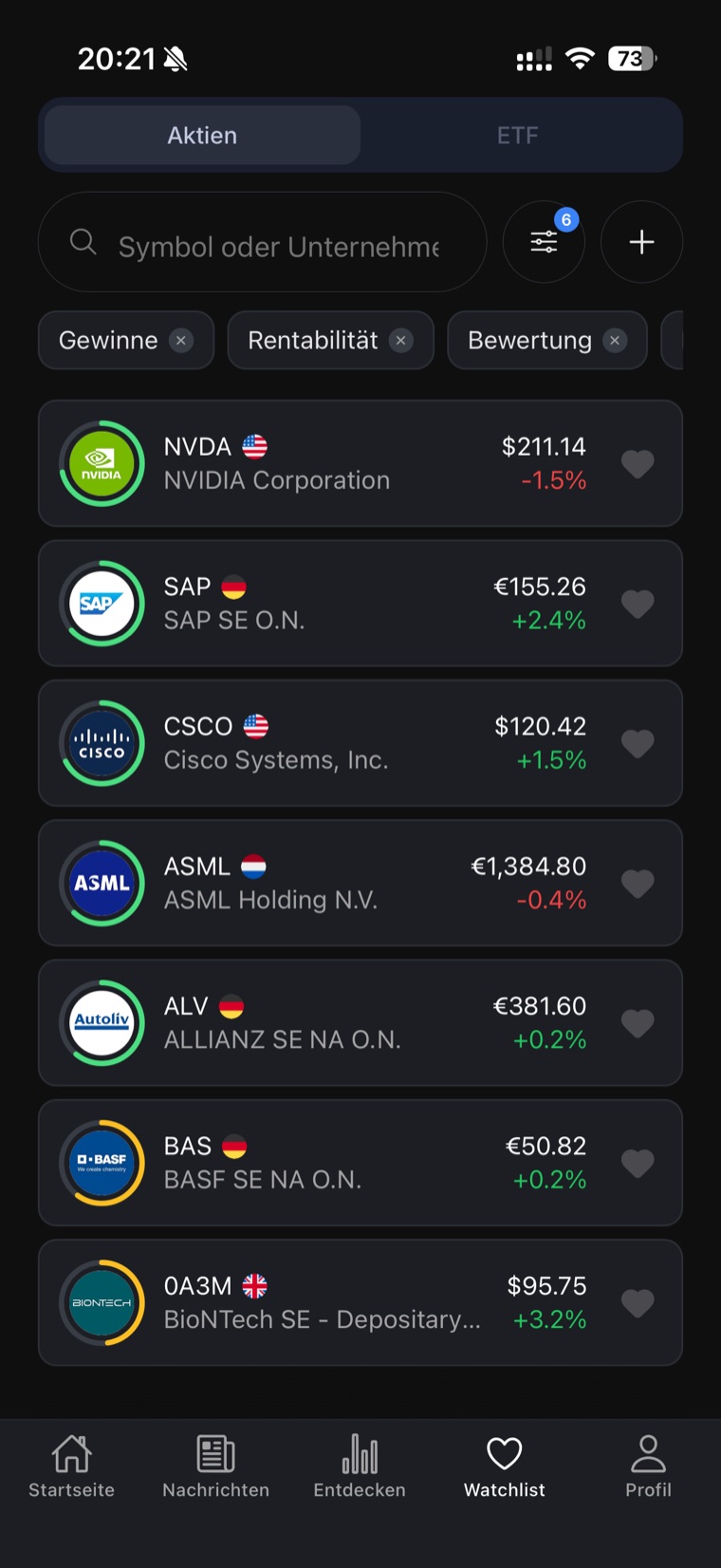 Finanzbrew Screener screen